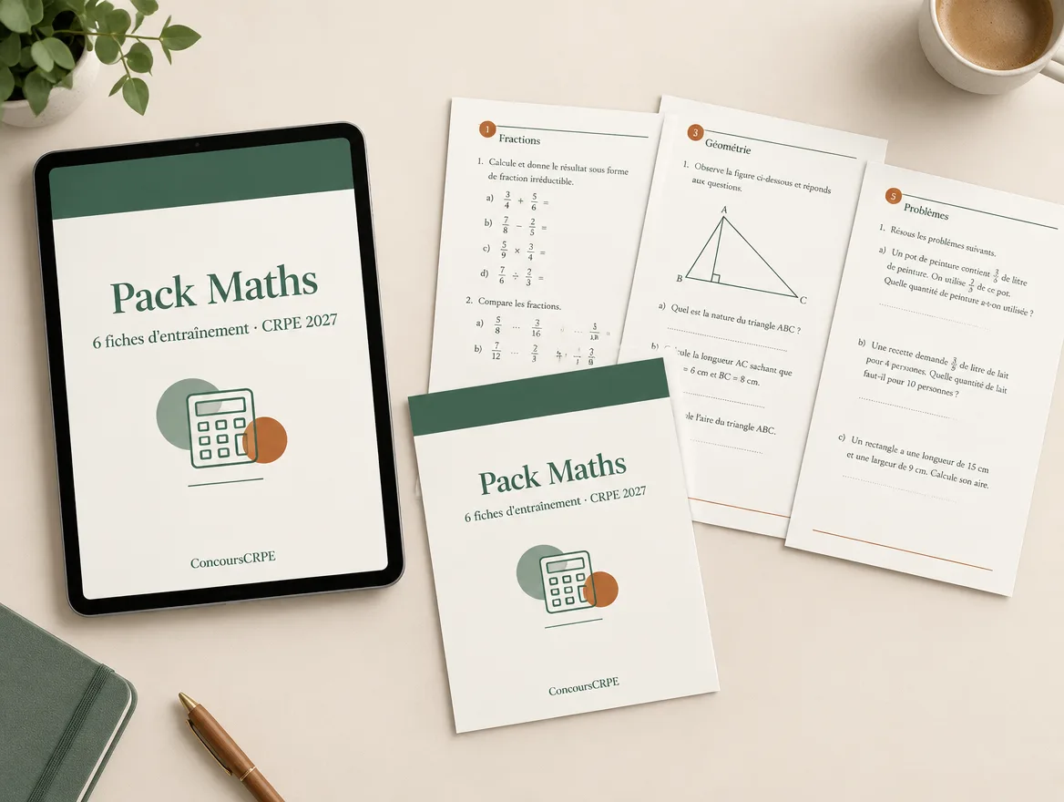 Illustration du Pack Maths ConcoursCRPE : couverture « 6 fiches d'entraînement » affichée sur une tablette et imprimée, entourée de pages d'exercices sur les fractions, la géométrie et les problèmes. Les exercices visibles sont décoratifs.