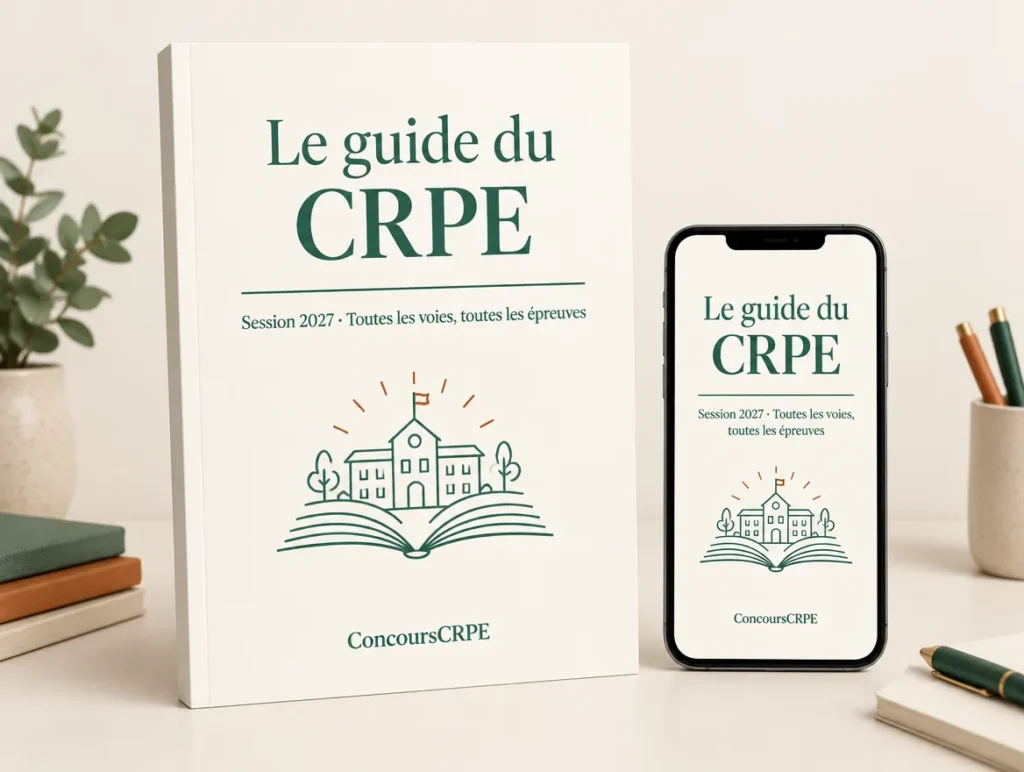 Illustration de la couverture du Guide du CRPE ConcoursCRPE, session 2027, présentée en format livre et sur l'écran d'un téléphone, avec un dessin d'école au-dessus d'un livre ouvert.
