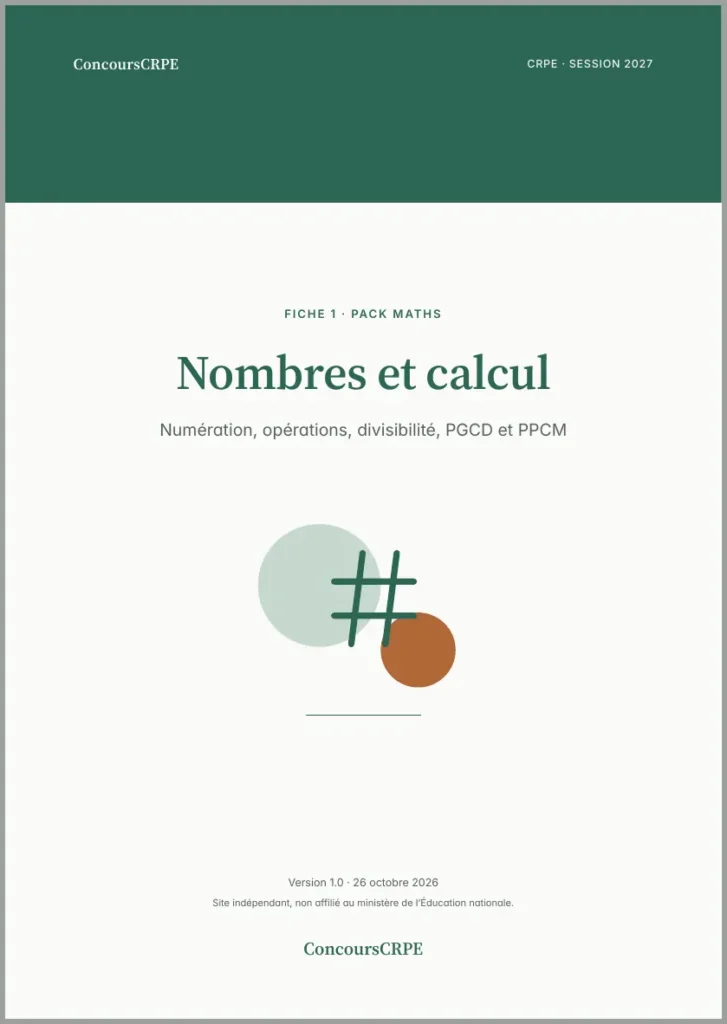 Aperçu de la page 1 de la fiche PDF « Nombres et calcul » (Pack Maths ConcoursCRPE) : couverture.