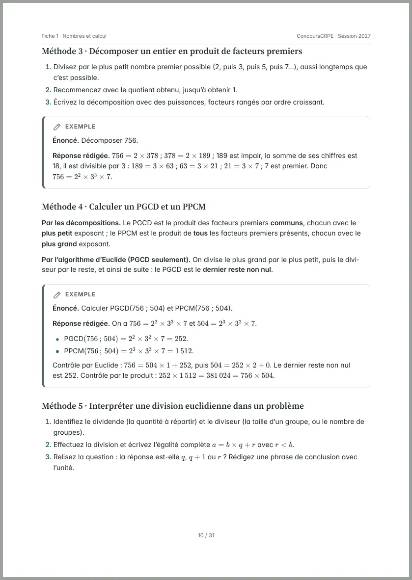Aperçu de la page 10 de la fiche PDF « Nombres et calcul » (Pack Maths ConcoursCRPE) : méthodes 3 à 5 : décomposer en facteurs premiers, calculer un PGCD et un PPCM, interpréter une division euclidienne, avec exemples.