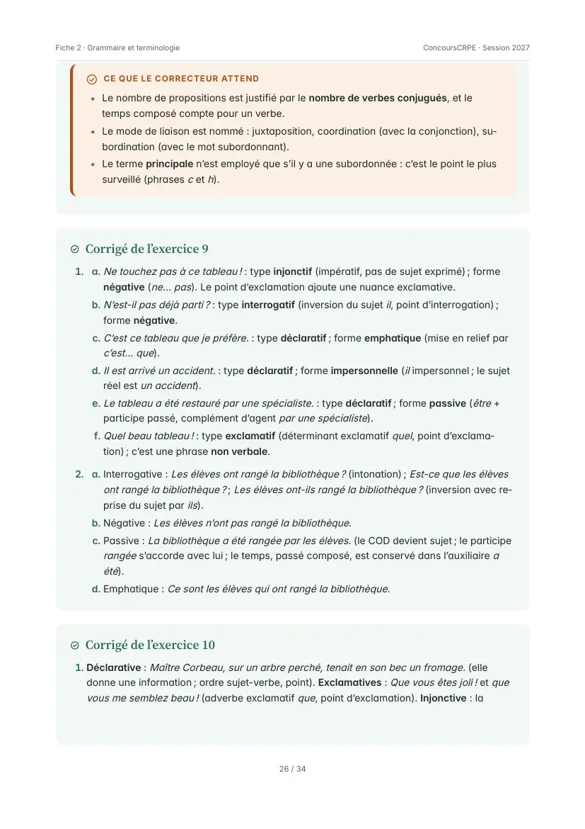 Aperçu de la page 26 de la fiche PDF « Grammaire : la terminologie à maîtriser » (Pack Français ConcoursCRPE) : encadré « Ce que le correcteur attend » et corrigés des exercices 9 et 10 (types et formes de phrases, fable de La Fontaine).