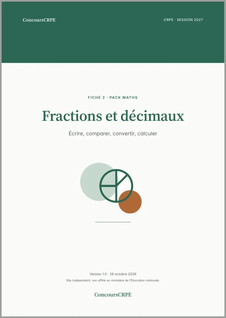 Aperçu de la page 1 de la fiche PDF « Fractions et décimaux » (Pack Maths ConcoursCRPE) : couverture.