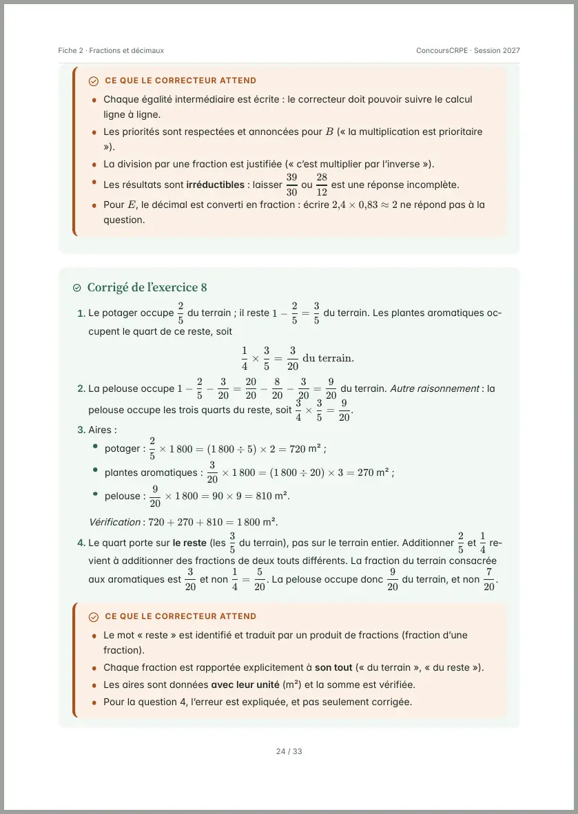 Aperçu de la page 24 de la fiche PDF « Fractions et décimaux » (Pack Maths ConcoursCRPE) : corrigé de l'exercice 8 « Le terrain partagé », calculs de fractions détaillés et encadrés « Ce que le correcteur attend ».
