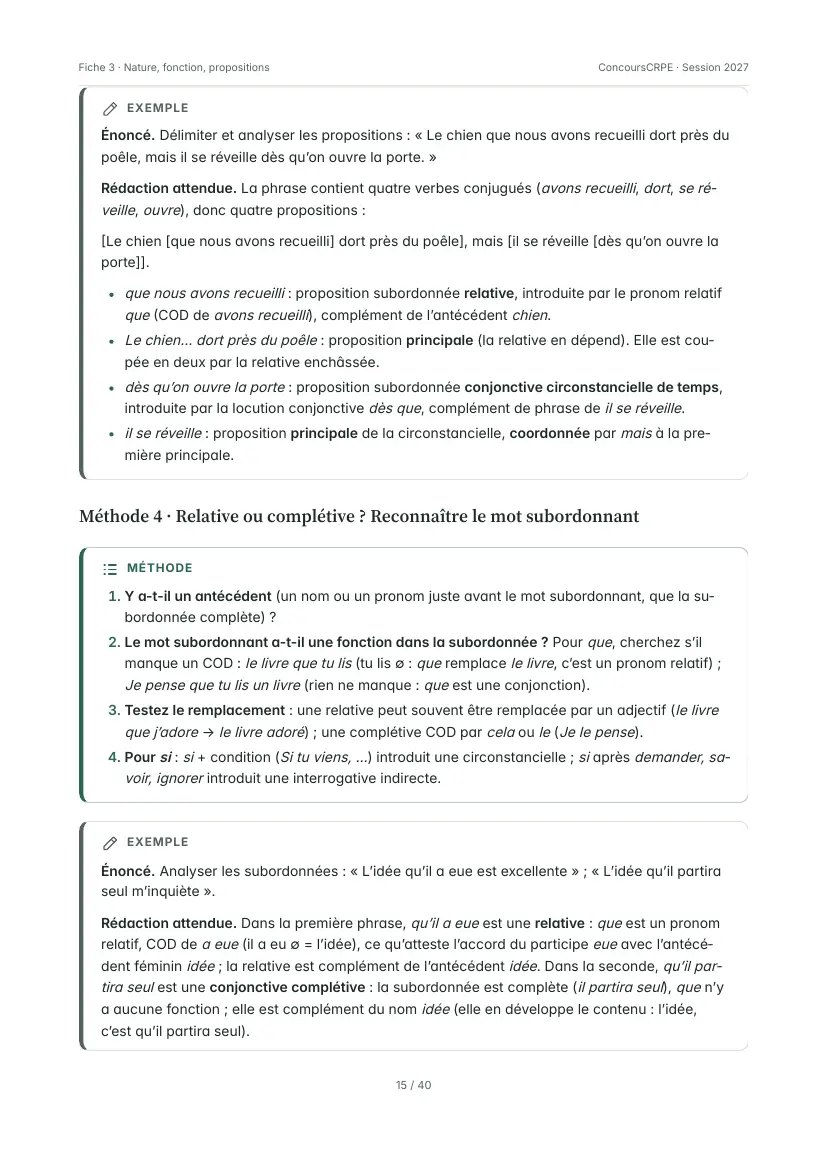 Aperçu de la page 15 de la fiche PDF « Nature, fonction et propositions » (Pack Français ConcoursCRPE) : exemple rédigé de délimitation des propositions, puis méthode 4 « Relative ou complétive ? Reconnaître le mot subordonnant ».