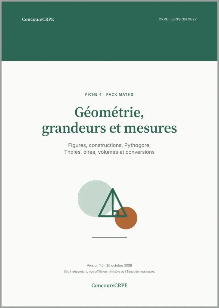 Aperçu de la page 1 de la fiche PDF « Géométrie, grandeurs et mesures » (Pack Maths ConcoursCRPE) : couverture.