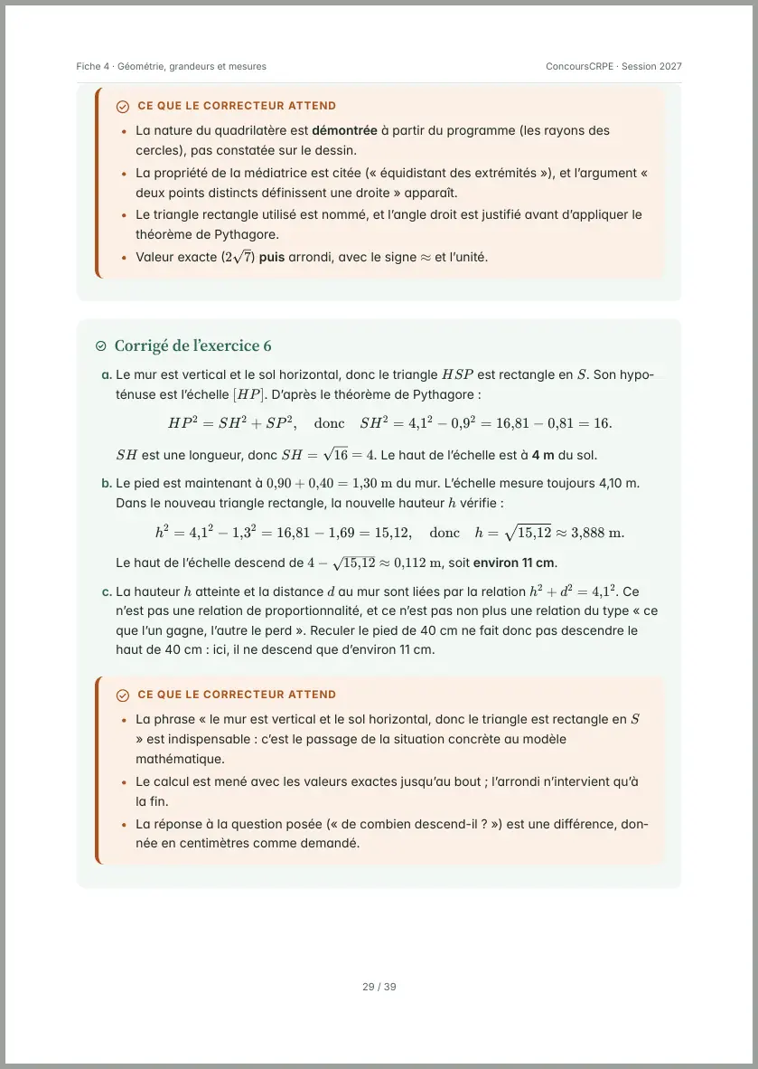 Aperçu de la page 29 de la fiche PDF « Géométrie, grandeurs et mesures » (Pack Maths ConcoursCRPE) : corrigé de l'exercice 6 « L'échelle contre le mur » (théorème de Pythagore) et encadrés « Ce que le correcteur attend ».