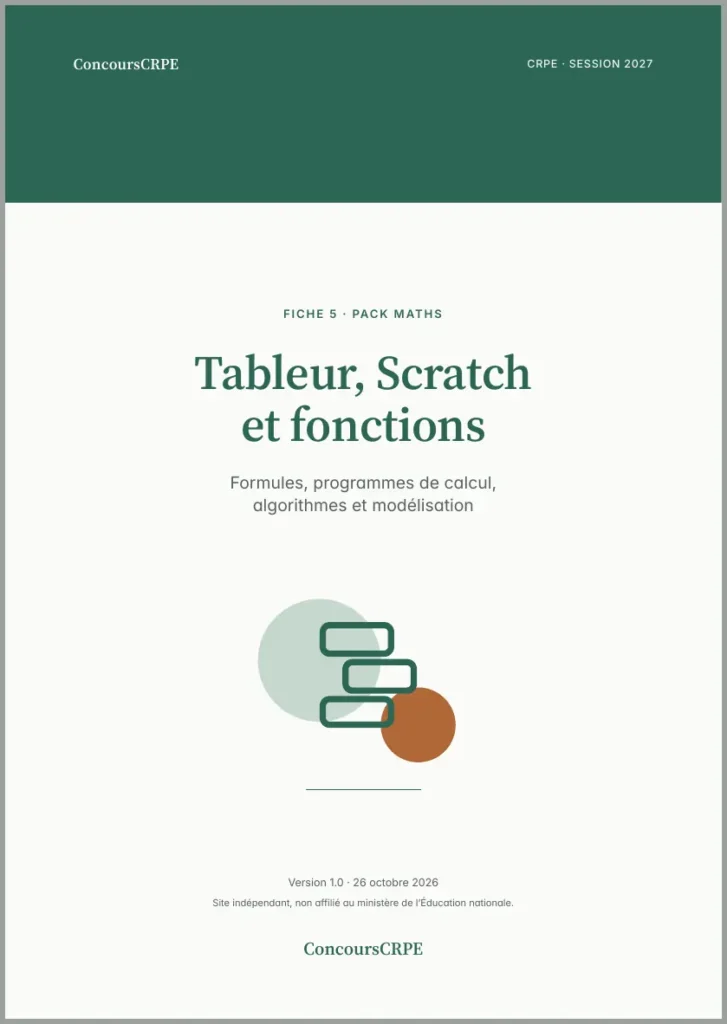 Aperçu de la page 1 de la fiche PDF « Tableur, Scratch et fonctions » (Pack Maths ConcoursCRPE) : couverture.