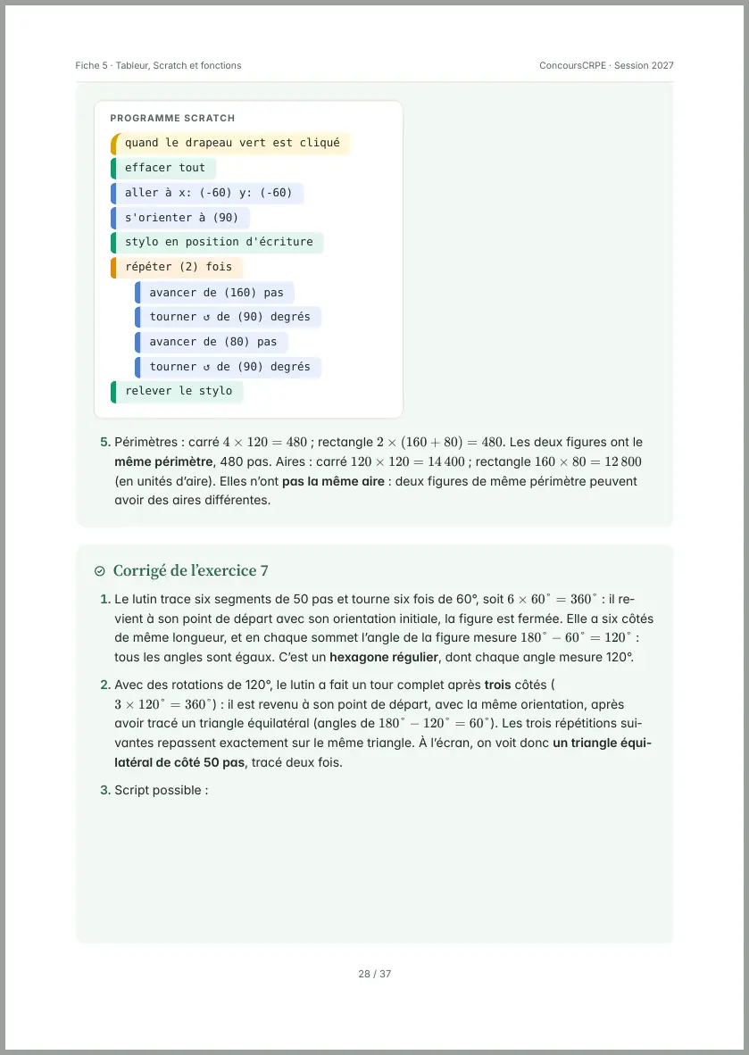 Aperçu de la page 28 de la fiche PDF « Tableur, Scratch et fonctions » (Pack Maths ConcoursCRPE) : corrigé de l'exercice 7 « Polygones réguliers en Scratch », avec les blocs Scratch en couleur.