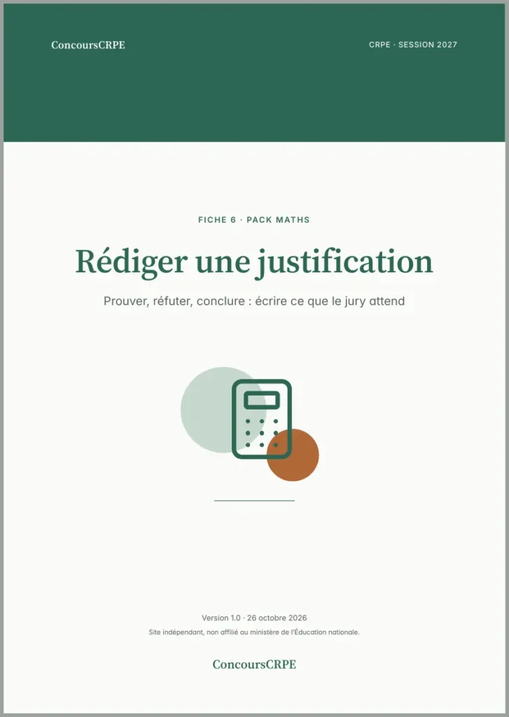 Aperçu de la page 1 de la fiche PDF « Rédiger une justification » (Pack Maths ConcoursCRPE) : couverture.