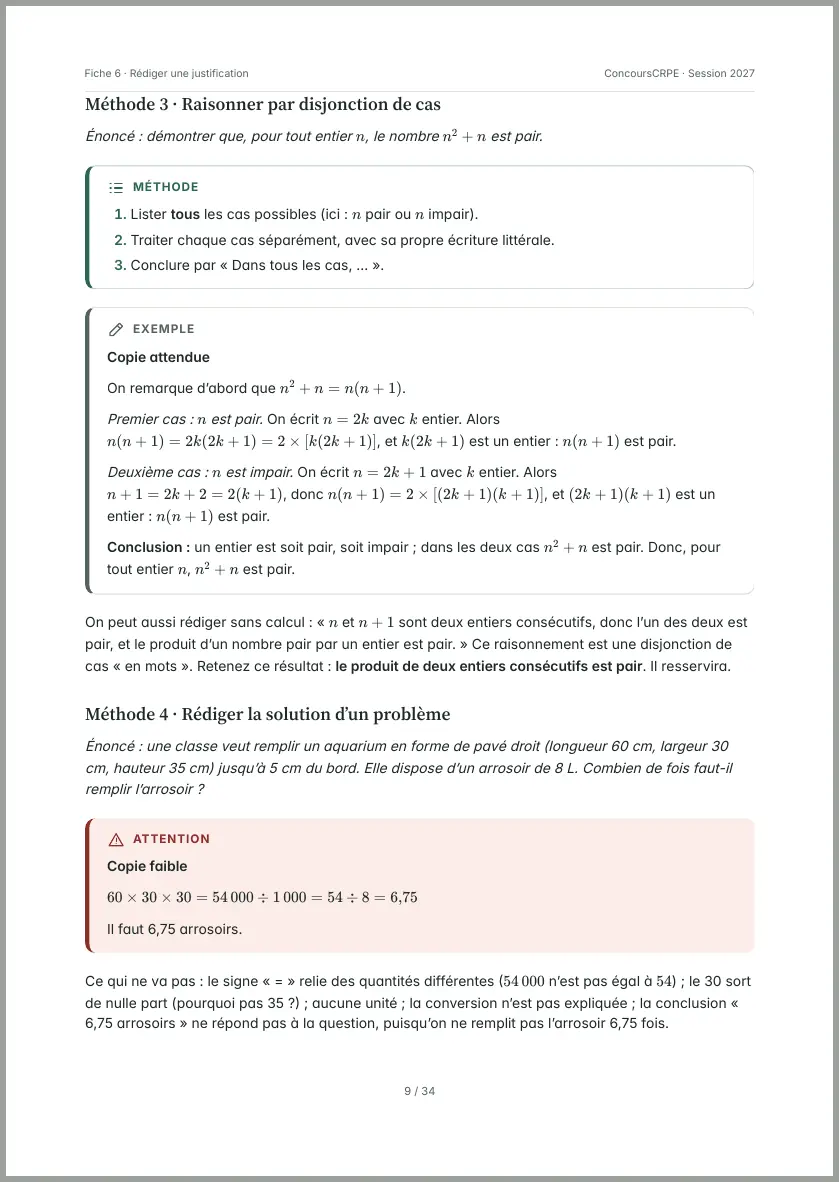 Aperçu de la page 9 de la fiche PDF « Rédiger une justification » (Pack Maths ConcoursCRPE) : méthodes 3 et 4 : raisonner par disjonction de cas et rédiger la solution d'un problème, avec exemples.