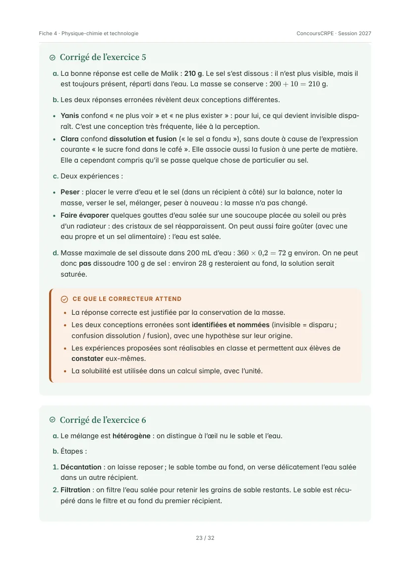 Aperçu de la page 23 de la fiche PDF « Physique-chimie et technologie » (Pack Écrit 2 ConcoursCRPE) : corrigé de l'exercice 5 (« Le sel a-t-il disparu ? », conservation de la masse) et début du corrigé 6.