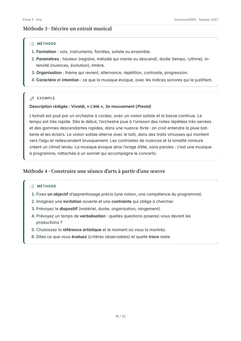 Aperçu de la page 16 de la fiche PDF « Arts plastiques et éducation musicale » (Pack Écrit 2 ConcoursCRPE) : méthode 3 « Décrire un extrait musical » avec la description rédigée de « L'été » de Vivaldi, puis méthode 4 « Construire une séance d'arts à partir d'une œuvre ».