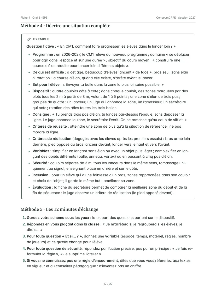Aperçu de la page 12 de la fiche PDF « Oral 2 : la partie EPS » (Pack Oral ConcoursCRPE) : méthode 4 « Décrire une situation complète » avec un exemple entièrement rédigé (lancer loin au CM1), puis méthode 5 « Les 12 minutes d'échange ».