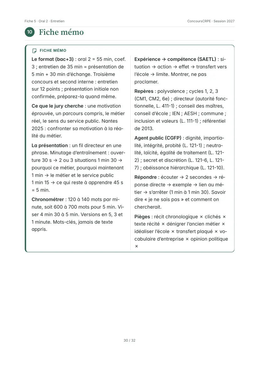 Aperçu de la page 30 de la fiche PDF « Oral 2 – l'entretien : parcours, motivation, valoriser une reconversion » (Pack Oral ConcoursCRPE) : fiche mémo d'une page en deux colonnes.