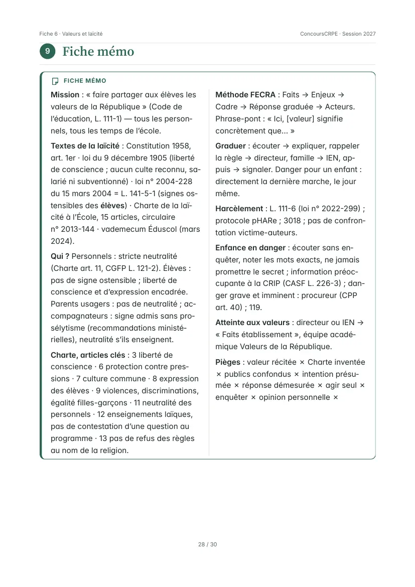 Aperçu de la page 28 de la fiche PDF « Valeurs de la République, laïcité et situations professionnelles » (Pack Oral ConcoursCRPE) : fiche mémo d'une page en deux colonnes.