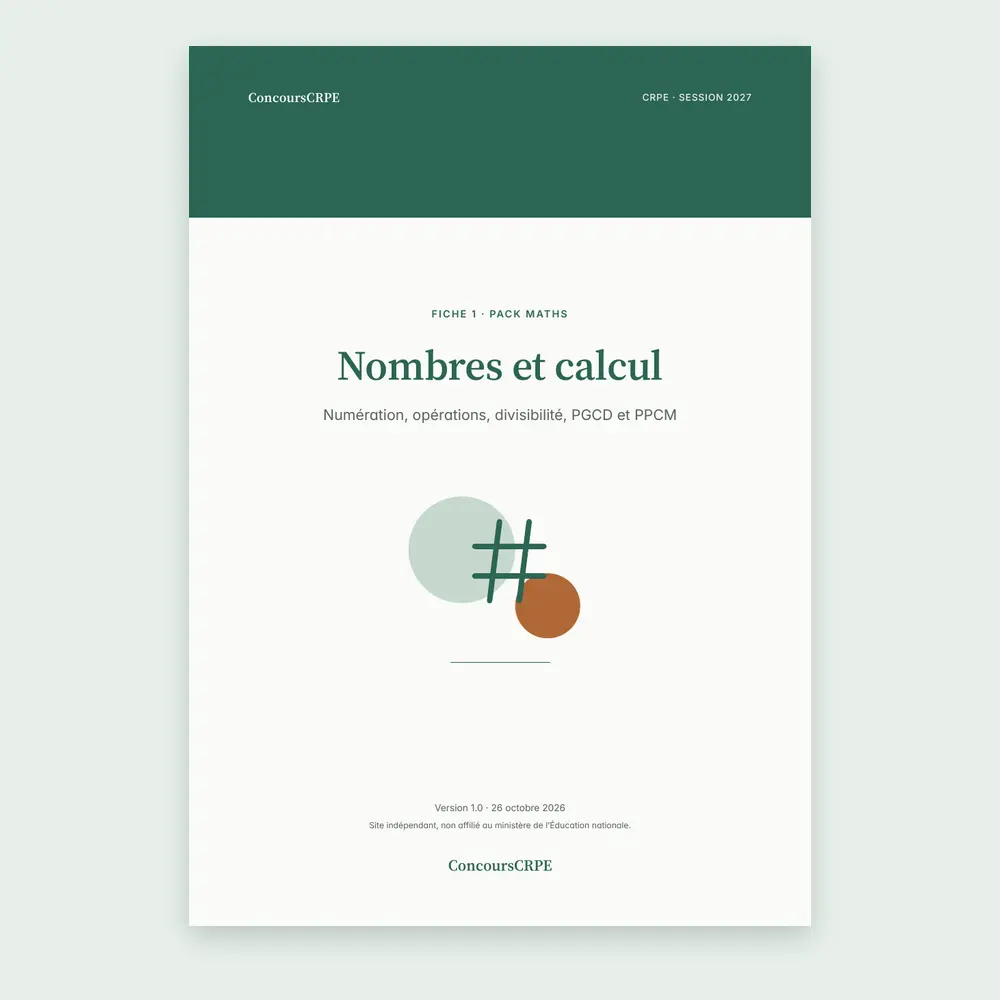 Couverture de la fiche PDF « Nombres et calcul » (fiche 1 du Pack Maths ConcoursCRPE, CRPE 2027), version 1.0.