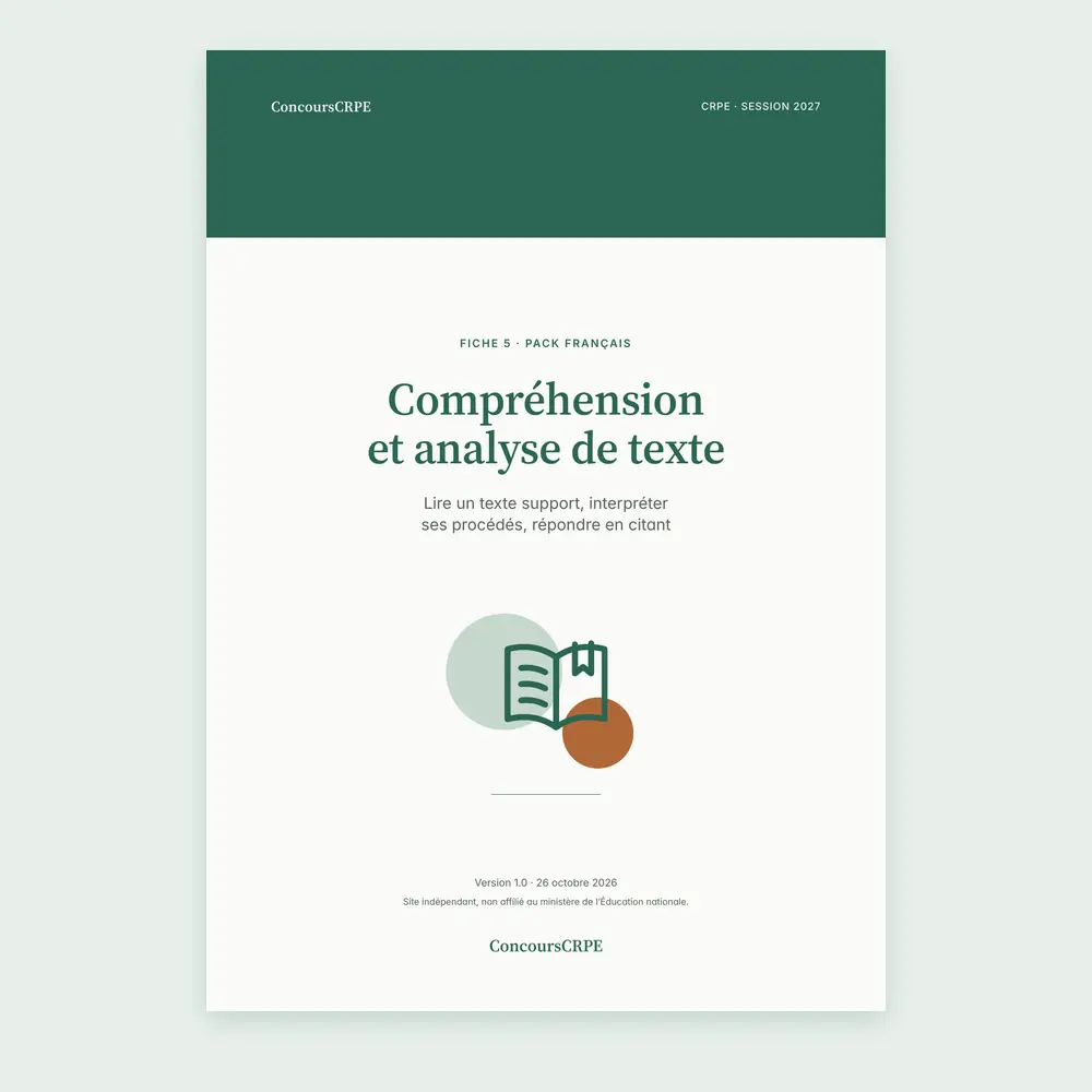Couverture de la fiche PDF « Compréhension et analyse de texte » (fiche 5 du Pack Français ConcoursCRPE, CRPE 2027), version 1.0.