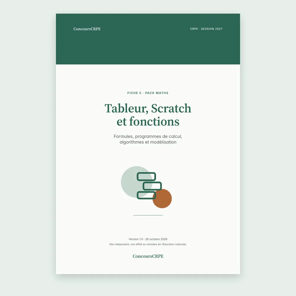 Couverture de la fiche PDF « Tableur, Scratch et fonctions » (fiche 5 du Pack Maths ConcoursCRPE, CRPE 2027), version 1.0.