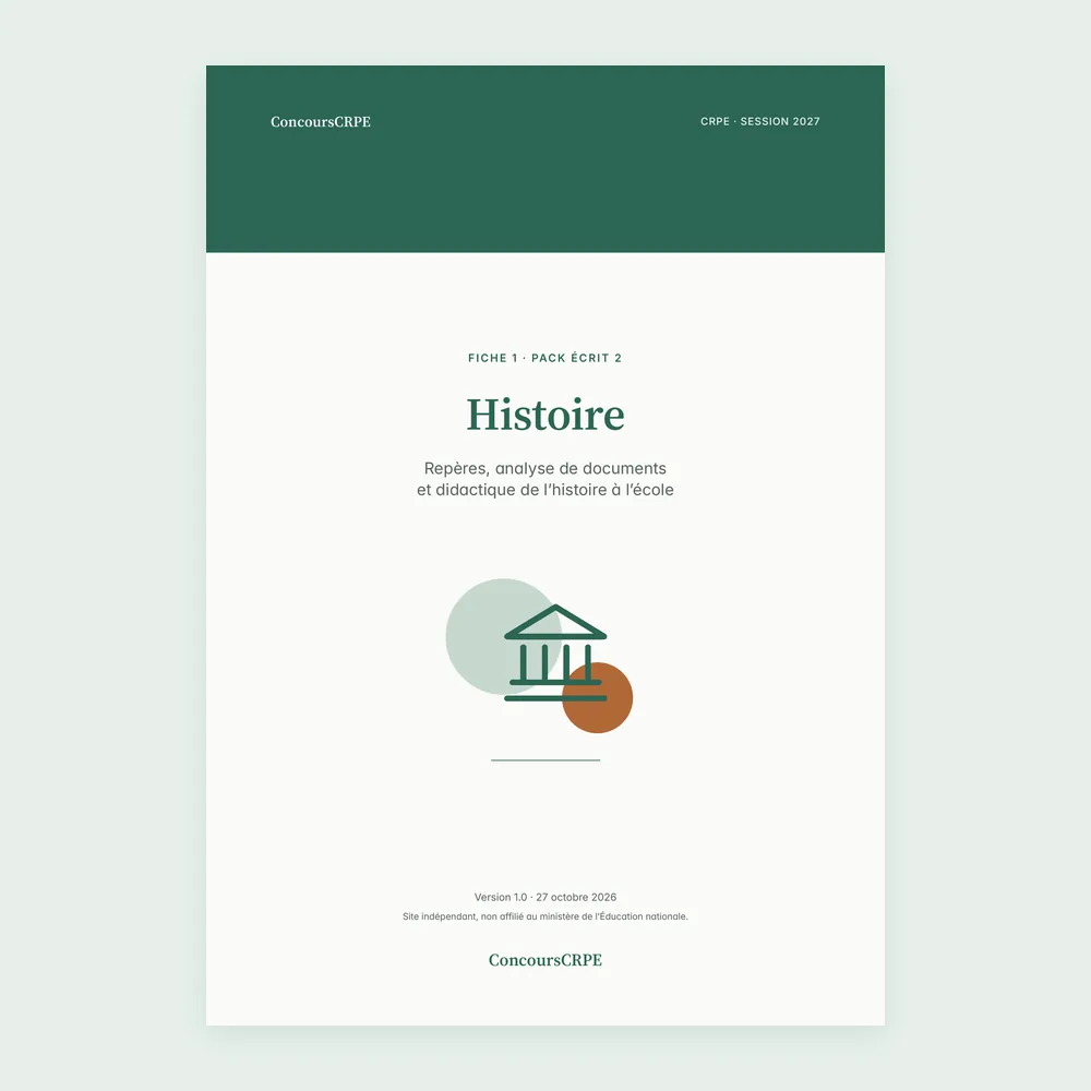 Couverture de la fiche PDF « Histoire » (fiche 1 du Pack Écrit 2 ConcoursCRPE, CRPE 2027), version 1.0.