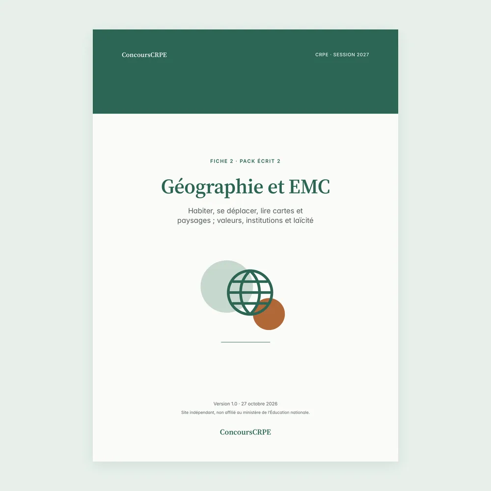 Couverture de la fiche PDF « Géographie et EMC » (fiche 2 du Pack Écrit 2 ConcoursCRPE, CRPE 2027), version 1.0.