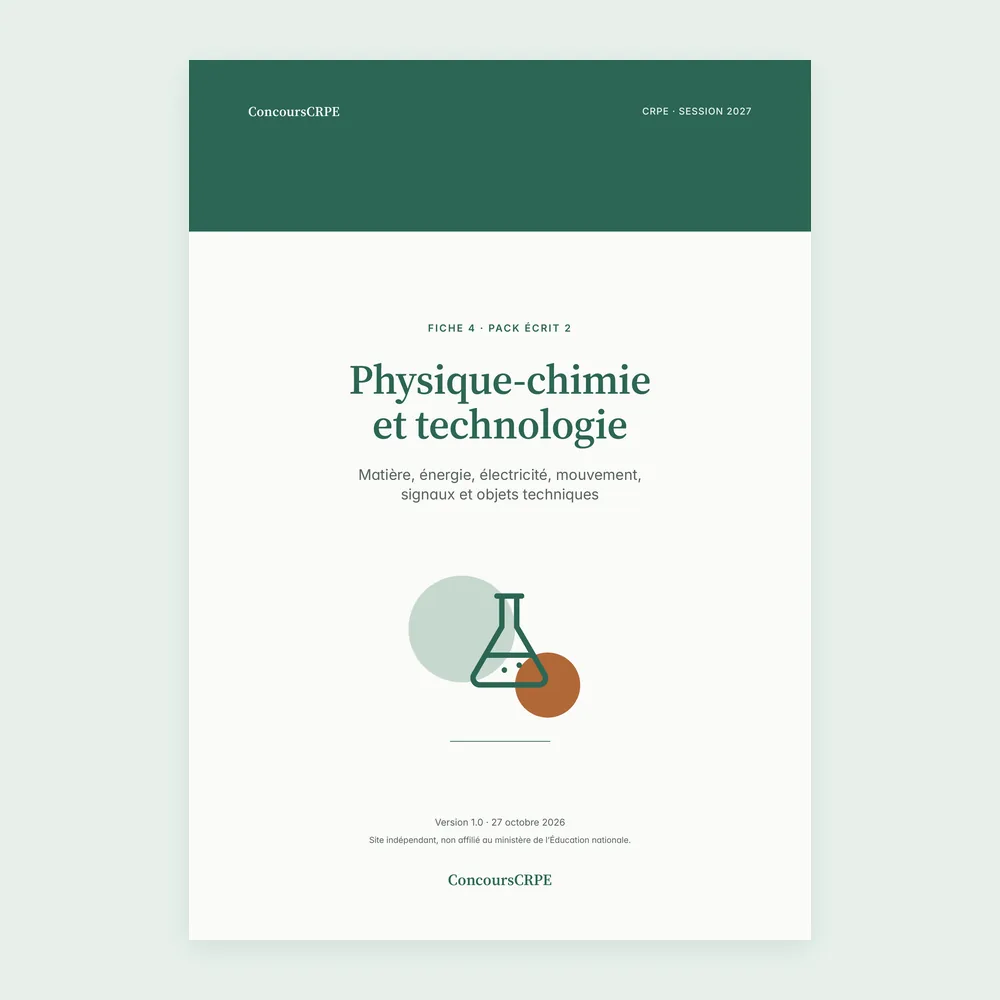 Couverture de la fiche PDF « Physique-chimie et technologie » (fiche 4 du Pack Écrit 2 ConcoursCRPE, CRPE 2027), version 1.0.