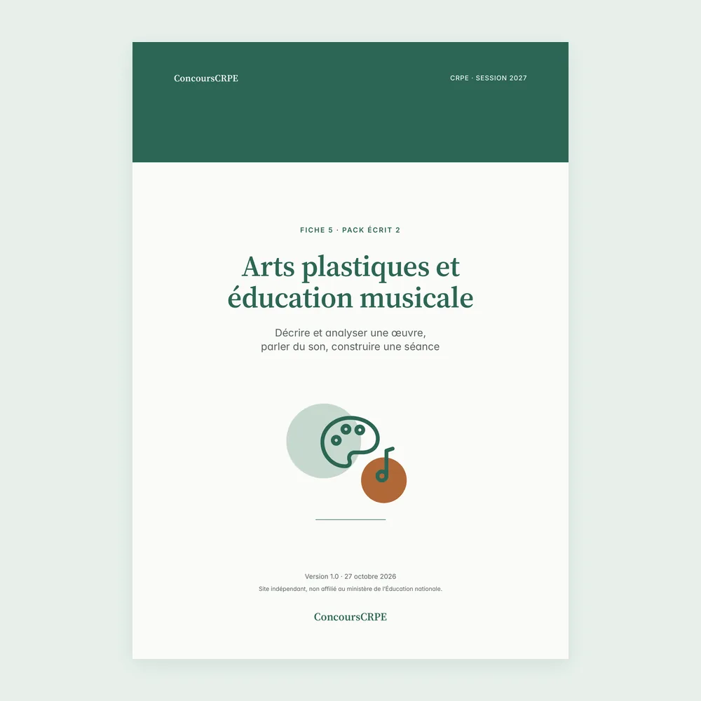 Couverture de la fiche PDF « Arts plastiques et éducation musicale » (fiche 5 du Pack Écrit 2 ConcoursCRPE, CRPE 2027), version 1.0.