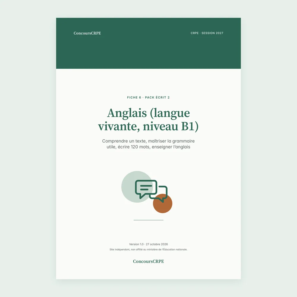 Couverture de la fiche PDF « Anglais (langue vivante, niveau B1) » (fiche 6 du Pack Écrit 2 ConcoursCRPE, CRPE 2027), version 1.0.