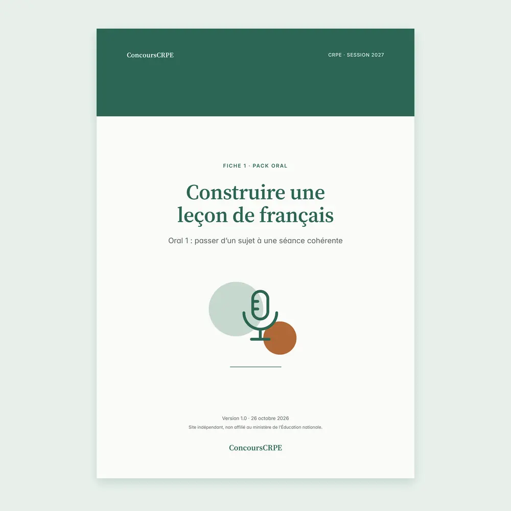 Couverture de la fiche PDF « Construire une leçon de français » (fiche 1 du Pack Oral ConcoursCRPE, CRPE 2027), version 1.0.