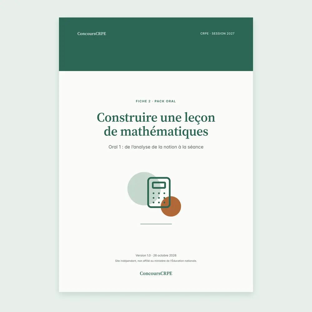 Couverture de la fiche PDF « Construire une leçon de mathématiques » (fiche 2 du Pack Oral ConcoursCRPE, CRPE 2027), version 1.0.