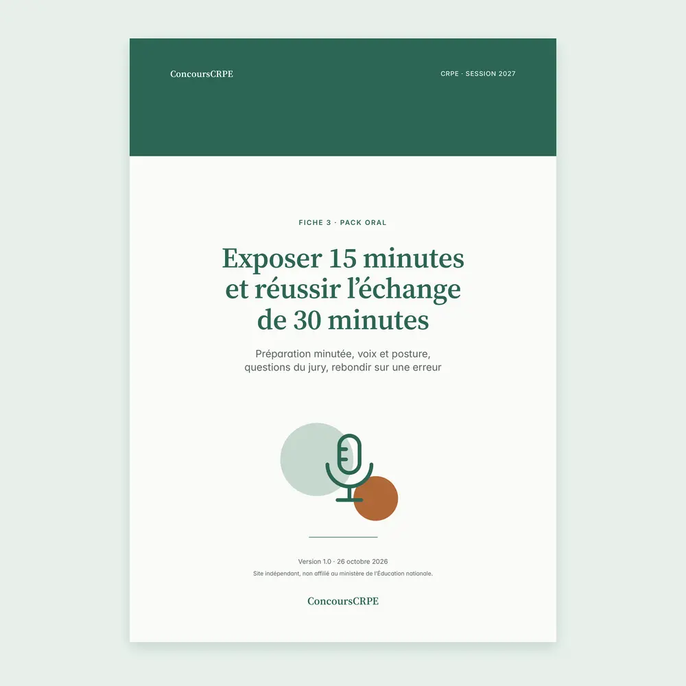 Couverture de la fiche PDF « Exposer 15 minutes et réussir l'échange de 30 minutes » (fiche 3 du Pack Oral ConcoursCRPE, CRPE 2027), version 1.0.