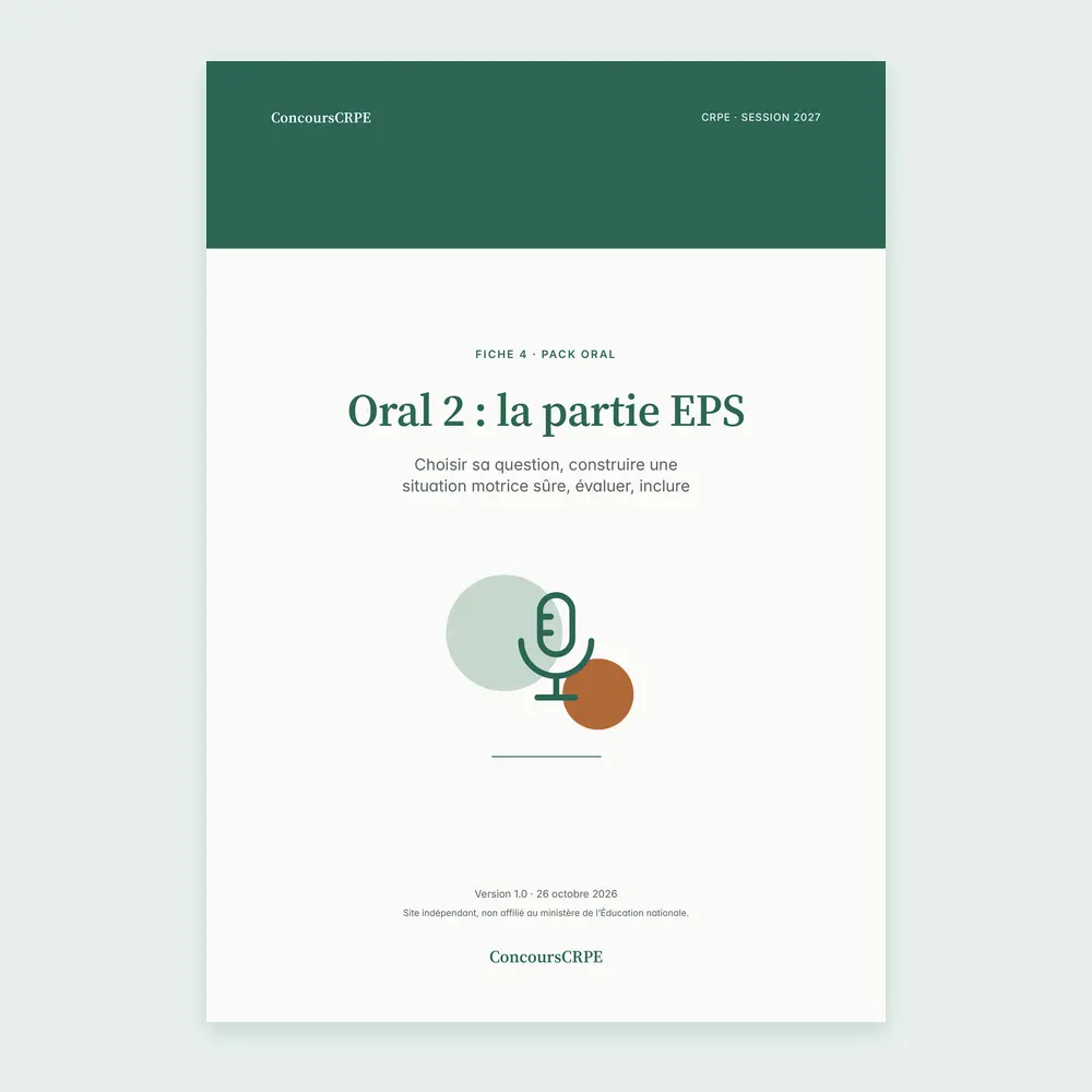 Couverture de la fiche PDF « Oral 2 : la partie EPS » (fiche 4 du Pack Oral ConcoursCRPE, CRPE 2027), version 1.0.