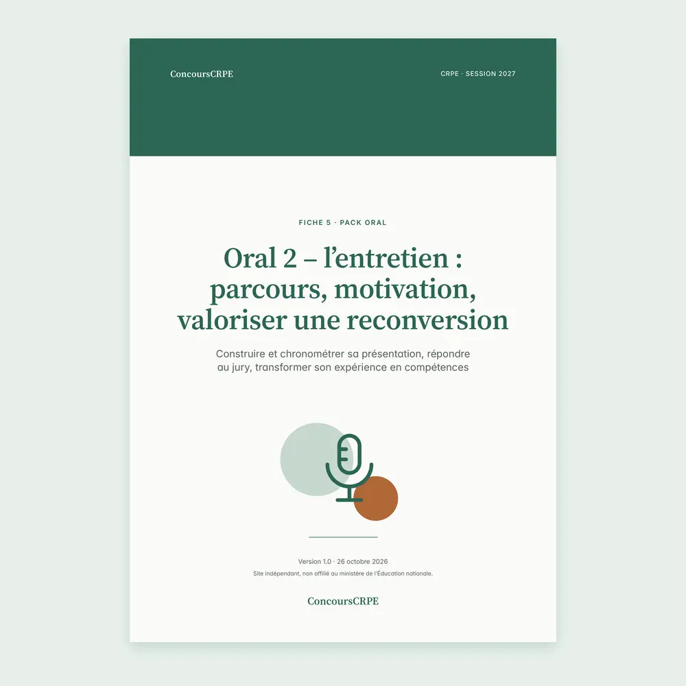 Couverture de la fiche PDF « Oral 2 – l'entretien : parcours, motivation, valoriser une reconversion » (fiche 5 du Pack Oral ConcoursCRPE, CRPE 2027), version 1.0.