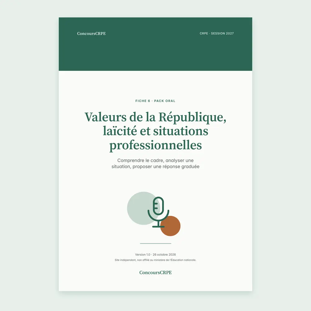Couverture de la fiche PDF « Valeurs de la République, laïcité et situations professionnelles » (fiche 6 du Pack Oral ConcoursCRPE, CRPE 2027), version 1.0.