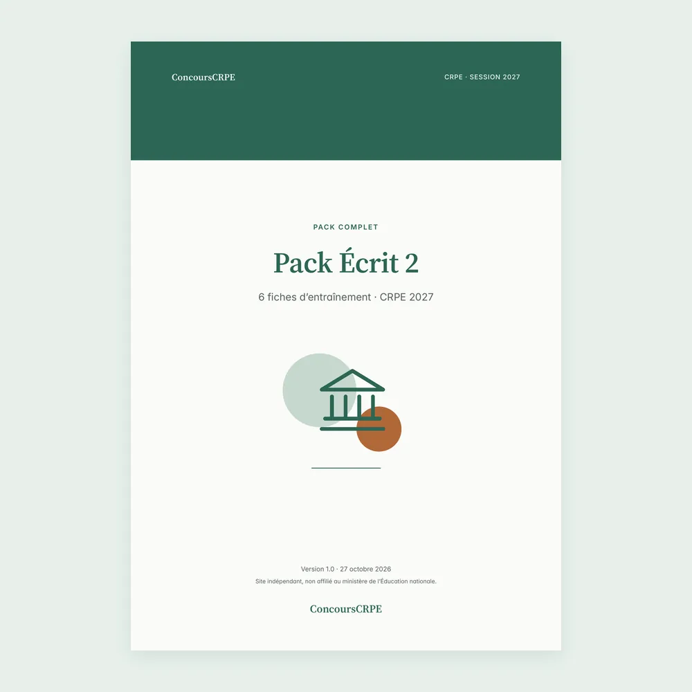 Couverture du PDF « Pack Écrit 2 » (6 fiches d'entraînement ConcoursCRPE, CRPE 2027), version 1.0.