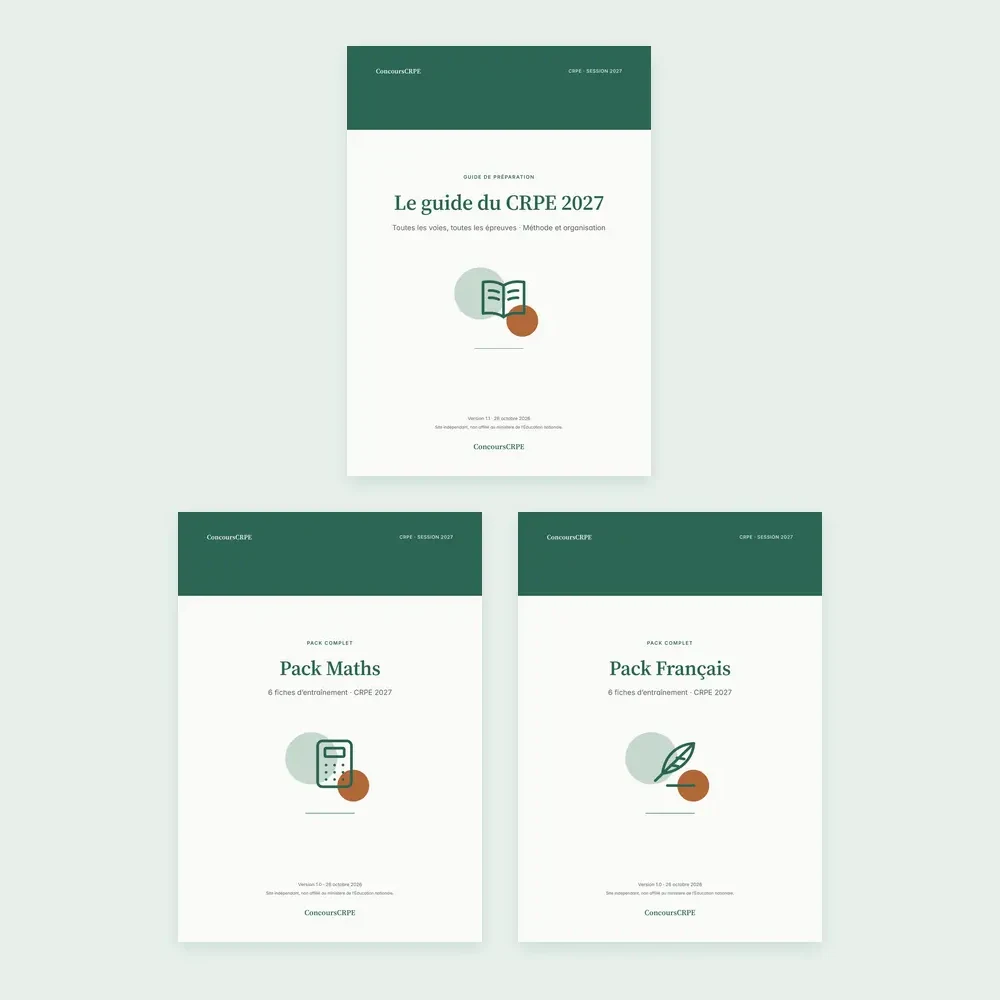 Couvertures réelles des trois PDF du Pack Écrits ConcoursCRPE (CRPE 2027) : Le guide du CRPE 2027, Pack Maths et Pack Français.