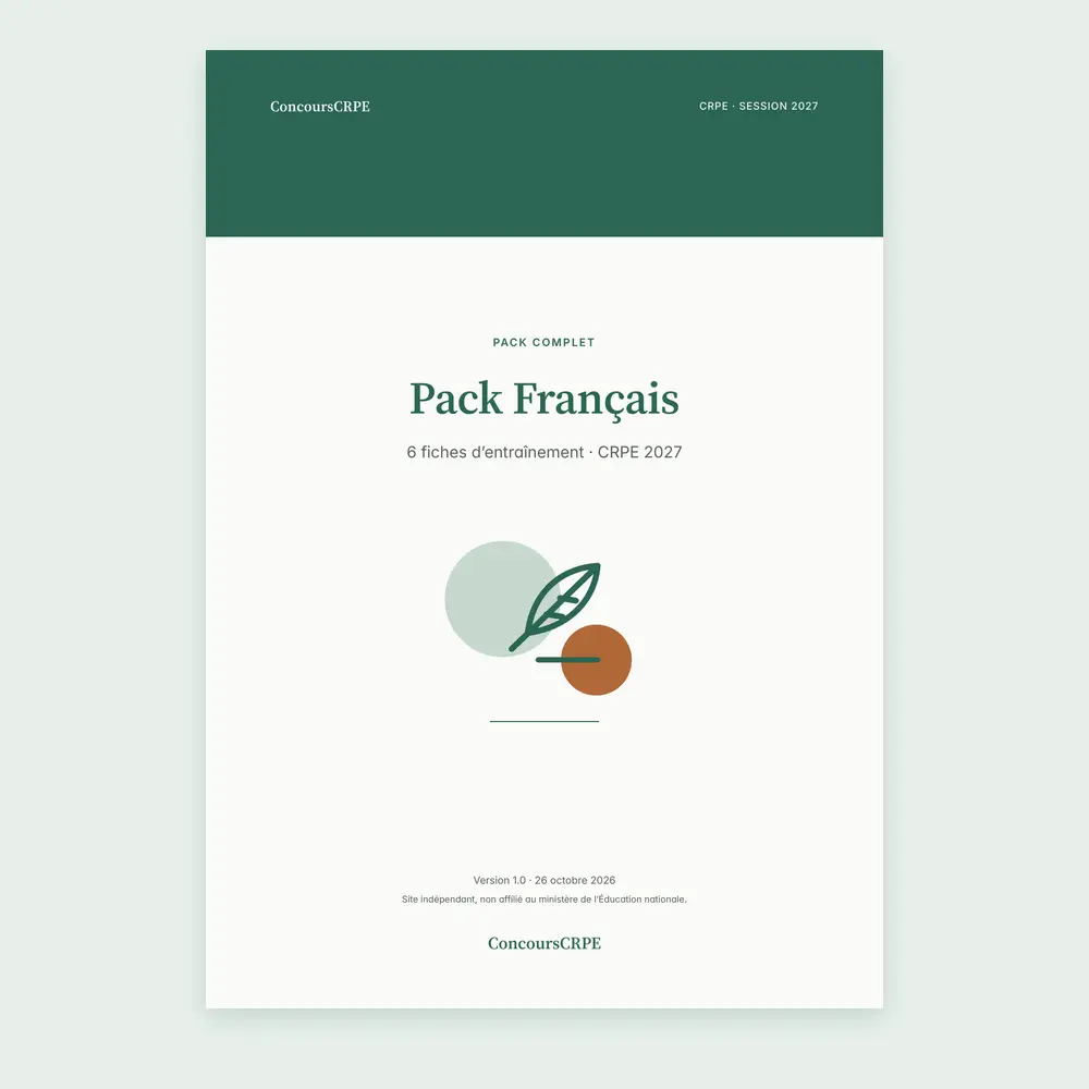 Couverture du PDF « Pack Français » (6 fiches d'entraînement ConcoursCRPE, CRPE 2027), version 1.0.