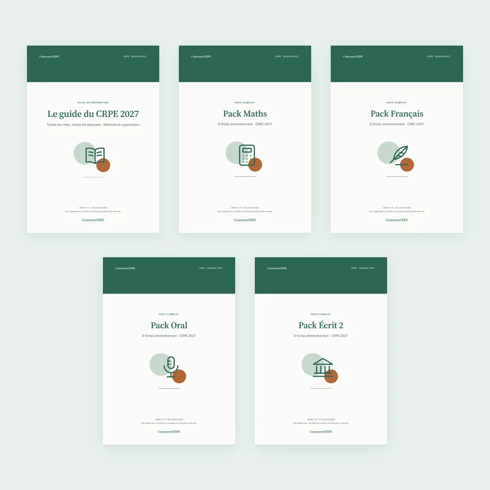Couvertures réelles des cinq PDF du Pack Intégral ConcoursCRPE (CRPE 2027) : Le guide du CRPE 2027, Pack Maths, Pack Français, Pack Oral et Pack Écrit 2.