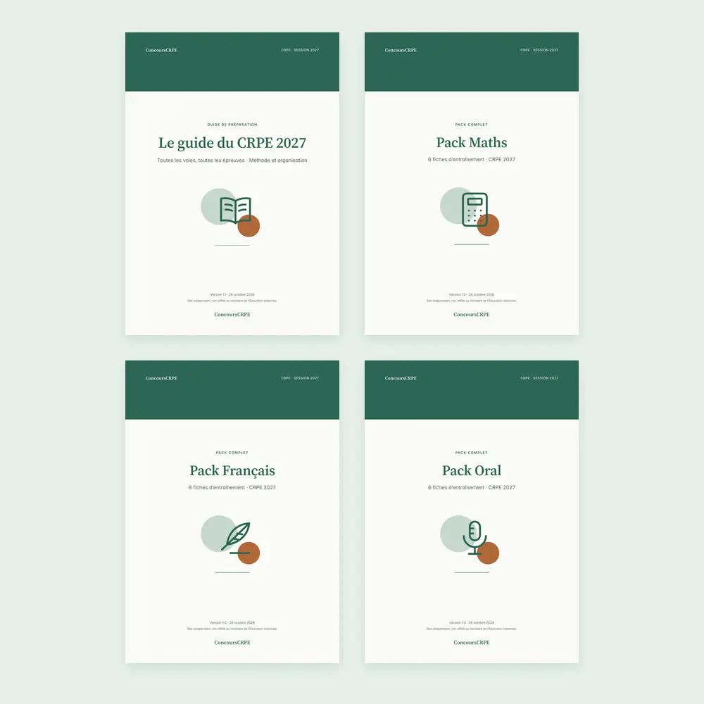 Couvertures réelles des quatre PDF du Pack Intégral ConcoursCRPE (CRPE 2027) : Le guide du CRPE 2027, Pack Maths, Pack Français et Pack Oral.
