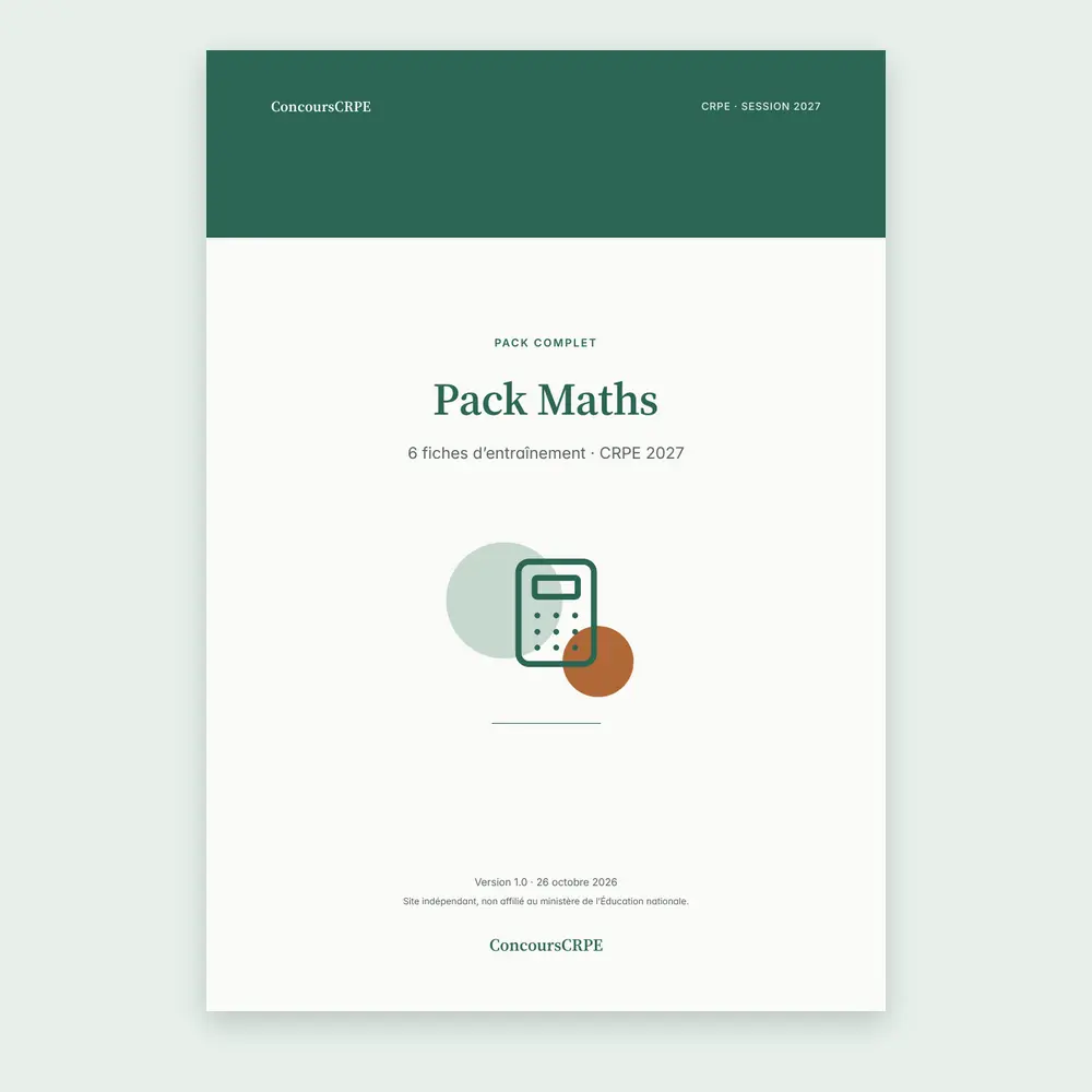 Couverture du PDF « Pack Maths » de ConcoursCRPE : 6 fiches d'entraînement pour le CRPE 2027, version 1.0.
