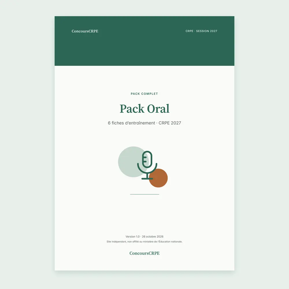 Couverture du PDF « Pack Oral » (6 fiches d'entraînement ConcoursCRPE, CRPE 2027), version 1.0.