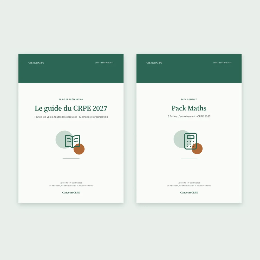 Couvertures réelles des deux PDF du Pack Reconversion ConcoursCRPE (CRPE 2027) : Le guide du CRPE 2027 et le Pack Maths.